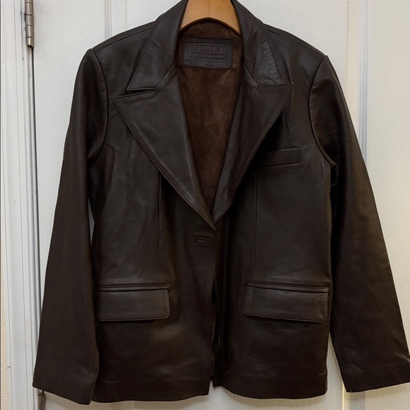 NOORA One-Button Leather Blazer Jacket Brown Sz L Lined Pockets - Picture 1 of 11